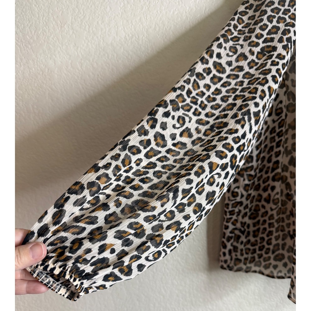 Maeve Small Blouse Brown‎ Leopard Print Sheer Lined Long Sleeve Keyhole Back - Picture 8 of 12